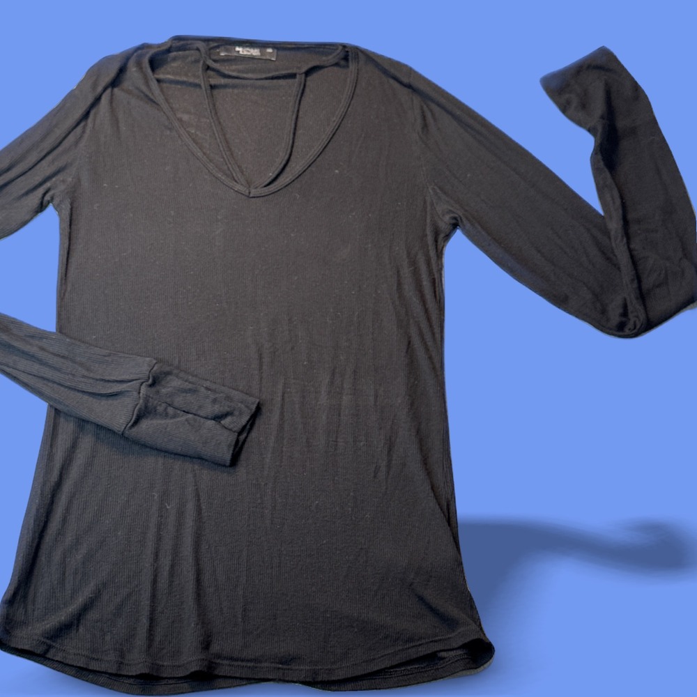 Michael Lauren Cutout V-Neck Long Sleeve Top Black‎ Ribbed XS Made in USA